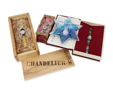 A GROUP OF LIMITED EDITION SWATCH WATCHES
.Comprising: Magic Spell, Chandelier, Mille Stelle, Xmas by Xian Lax; in their orig
