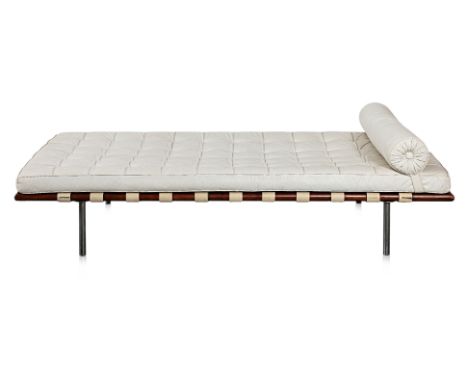 A 'BARCELONA' DAYBED
Designed by Mies Van Der Rohe, padded black leather, chrome legs and natural coloured wooden base, with 