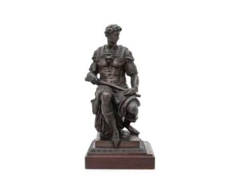 A LARGE BRONZE FIGURE OF GIULIANO DE MEDICI AFTER THE MODEL BY MICHELANGELO
20th century, modelled in classical style, seated