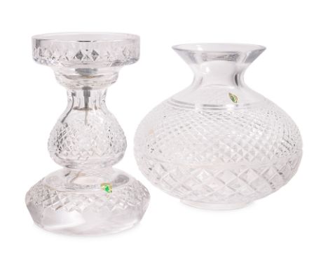 A WATERFORD CRYSTAL TABLE LAMP
In two sections with mushroom shade and baluster base, Singapore electrical plug, with label a
