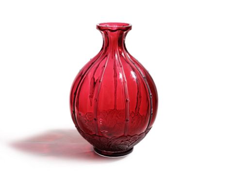 A BACCARAT RED CRYSTAL ISADORA VASE
France, by Georges Dunaime in the Art Deco style, limited edition 489/500, inscribed to f