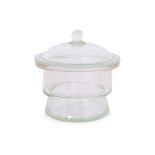 A LARGE GLASS DESSICATOR JAR AND COVER