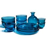 A VENINI MURANO BLUE GLASS TABLEWARE SET