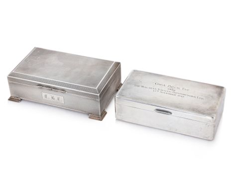 TWO ENGLISH SILVER TABLE CIGARETTE BOXES
A late Art Deco example hallmarked Birmingham dated 1946 by Dudley Russell Howitt, i