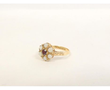 9ct gold opal and garnet cluster ring. Size L 2.3g.