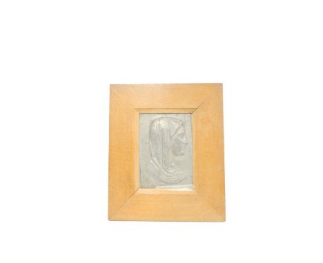 Antique framed spelter plaque depicting a relief portrait of a veiled Mary facing right. 37cm x 44cm.