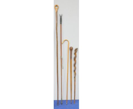 Five mixed walking sticks and canes to include an Indian entwined snake walking stick, fisherman's rod rest, and others. (5)