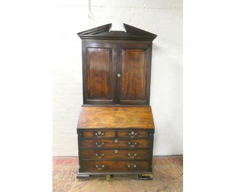 George III mahogany bureau bookcase, the upper section with architectural pediment &amp; fret &amp; dentil cornice above a pa
