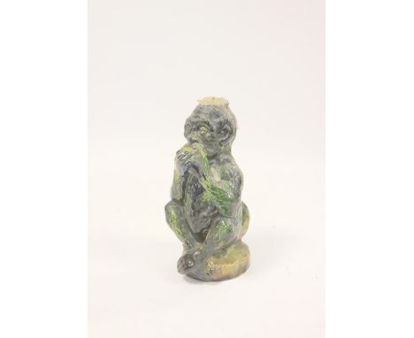 Late Victorian art pottery green glazed candlestick of the Iwazaru (see no evil) monkey, in the Linthorpe Pottery manner. Hei