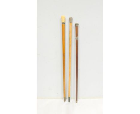 Three Antique malacca walking canes two having repousse silver mounts, the other having a turned ivory handle. Height 84cm, 8