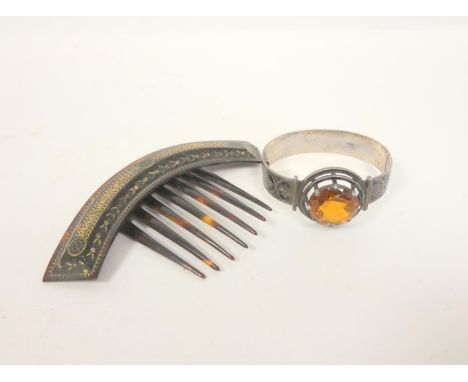 Victorian enamelled silver hinged bangle with Cairngorm and an inlaid tortoiseshell comb (2)