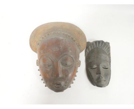Antique African Baule Peoples, Ivory Coast Gba gba carved wood portrait mask. Height 35.5cm, and another smaller Height 23cm.