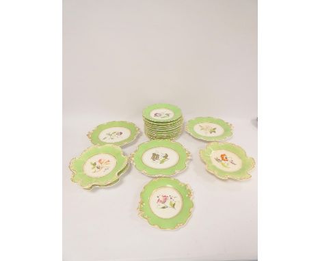 19th Century Bloor Derby (1830-48) part service having gilt scalloped rims, painted botanical studies within lime green borde