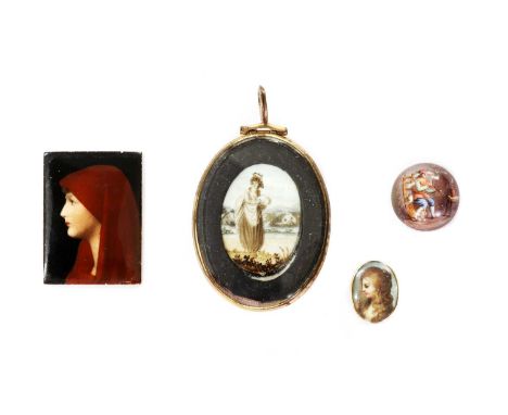 A collection of portait miniaures, comprising a gold mounted portrait slide with glazed panel, tested as approximately 14ct g