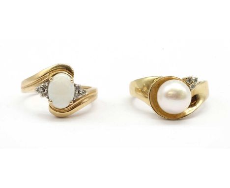 A 9ct gold cultured pearl and diamond ring, Birmingham 2000,together with a gold opal and diamond ring,tested as approximatel