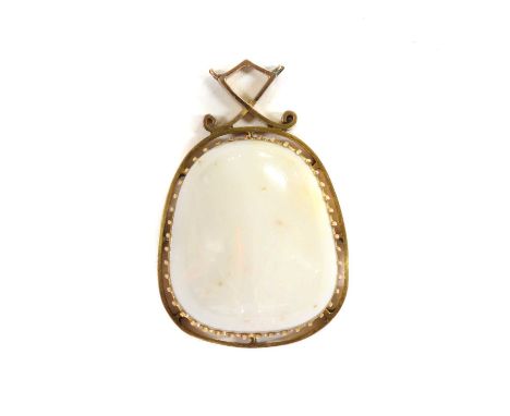 A gold opal pendant, the cushion cabochon opal, approximately 23.5 x 20.1 x 9.6mm, claw set to a plain frame, with crossover 