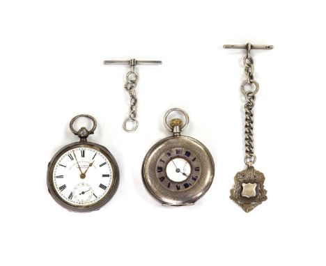 A sterling silver side wind half hunter pocket watch, 51mm diameter with engine turned decoration to the case and a vacant ca