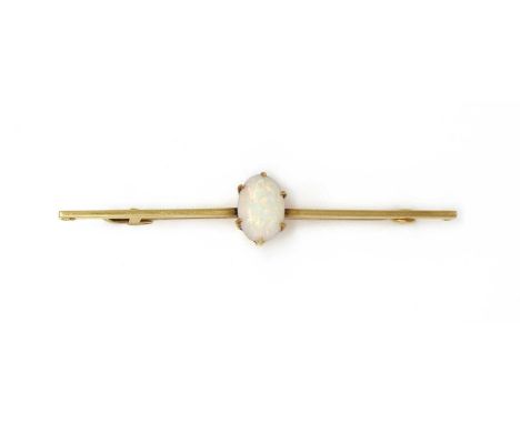 Two gold brooches,comprising a gold single stone opal bar brooch, with an oval cabochon opal, claw set, to a rectangular sect