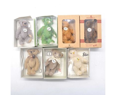 Steiff Germany teddy bears, seven including EAN 421631 'Steiff Club gift 2020', 10cm, 2020; EAN 421662 'Steiff Club gift 2021