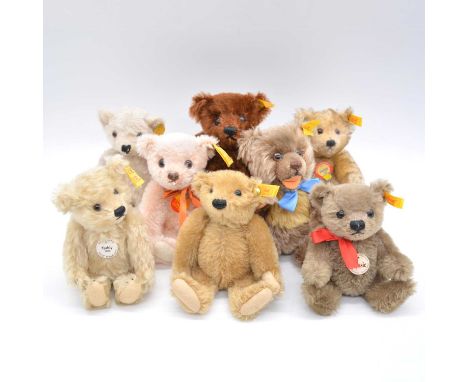 Steiff Germany teddy bears, eight including EAN 029806 'Original Steiff replica bear', 15cm; EAN 029310 'Holland 1995', 17cm;