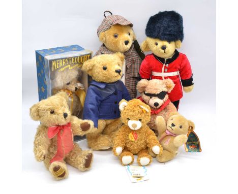 Merrythought and Steiff teddy bears, eight including Merrythought For Harrods Shirlock Holms bear; 'Happy Birthday' bear, box