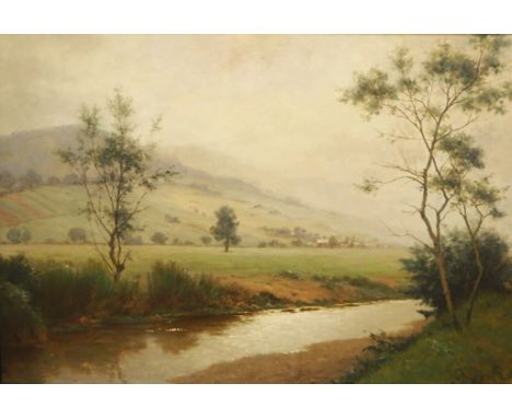 Puhonny, Victor: Morgennebel. Öl auf Faserplatte, Deutscher Landschaftsmaler (1838-1909), tätig in und um Baden-Baden, Rahmen