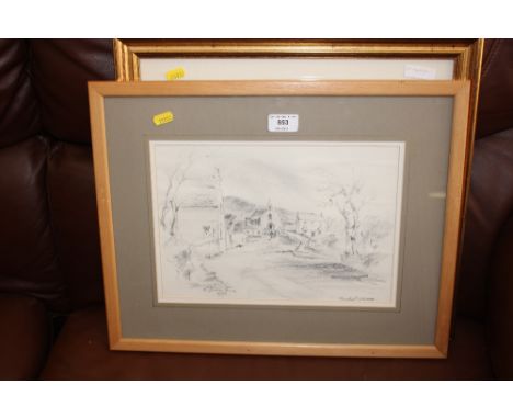 A limited edition gilt framed print depicting a reclining lady together with a pine framed pencil signed sketch of a street s