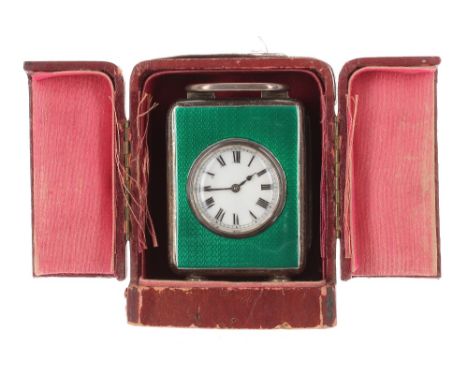 Miniature carriage clock timepiece, within a silver and green guillouche enamel case, hallmarked for Birmingham 1906, 3.75" h