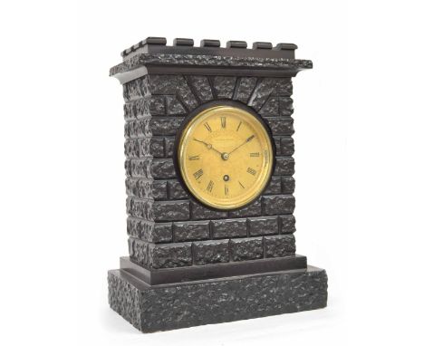 Unusual black marble single fusee mantel clock timepiece, the 3.25" gilt chapter ring enclosing a foliate engraved centre sig