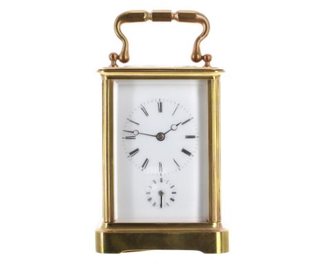 Carriage clock with alarm striking on a bell, the movement back plate stamped A.M. Paris, no. 10100, within a corniche brass 