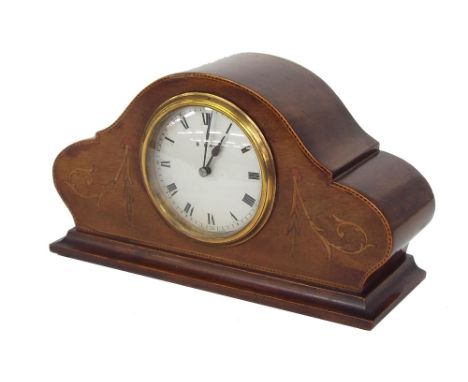 Small attractive eight day mahogany inlaid mantel clock timepiece, the French movement with platform escapement and fixed key