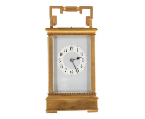 Repeater carriage clock striking on a gong, the movement back plate stamped no. 1776, the 2" white chapter ring within a ligh