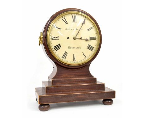 English mahogany double fusee drumhead mantel clock, the 10" cream dial signed Joseph Dyson, Rawmarsh, upon a triple stepped 