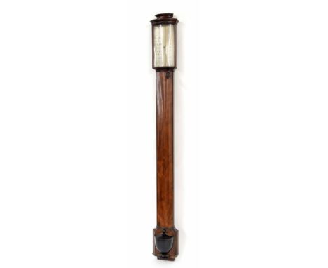 Fine mahogany bow front stick barometer, the silver scale signed Berge, late Ramsden, London, over a bowfront ebony banded tr