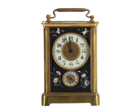 Rare carriage clock timepiece with alarm and Pietra dura floral panels, the movement striking on a bell beneath the base, wit