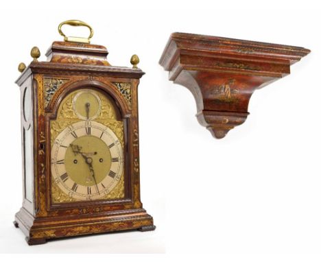 Fine English red lacquer chinoiserie decorated double fusee verge bracket clock and bracket, the 7" brass arched dial with si