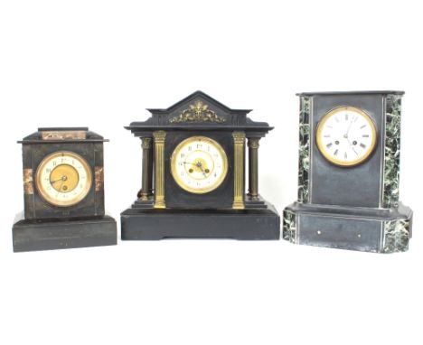 Black slate and green marble two train mantel clock striking on a bell, the 4.25" white dial signed Bennett..London, 13" high