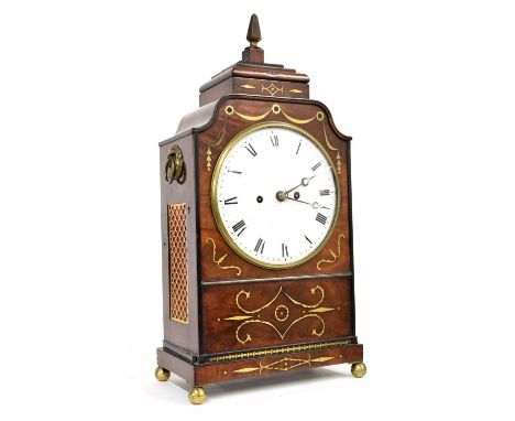 English mahogany double fusee bracket clock, the 8" white dial within a stepped case inlaid with stylised brass motifs and su