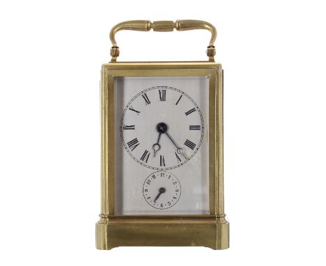 Good alarm carriage clock striking on a bell, the movement back plate stamped 30M and enclosed by a vertical sliding door wit