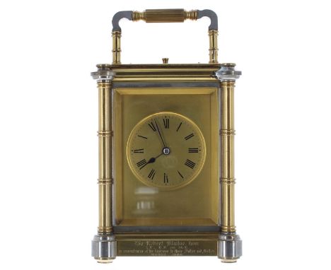 Good French repeater carriage clock striking on a gong, the movement back plate stamped with maker's trademark initials G.L w