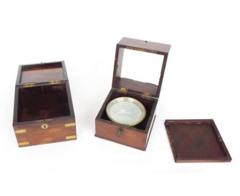 Old rosewood and brass bound chronometer case; also a mahogany three part hinged mahogany case with brass chronometer housing