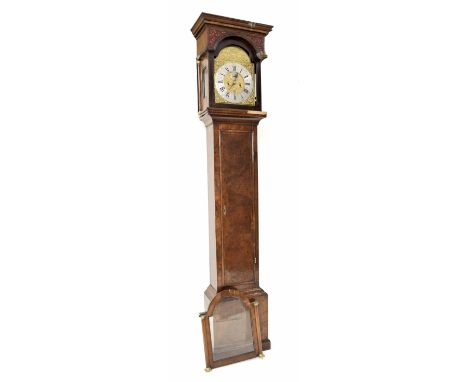 Good walnut eight day longcase clock with five pillar movement, the 12" brass arched dial signed John Hebert, Isleworth on th