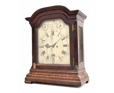 Good mahogany double fusee boardroom style clock, the 10" silvered arched dial signed Conyers Dunlop, London between subsidia
