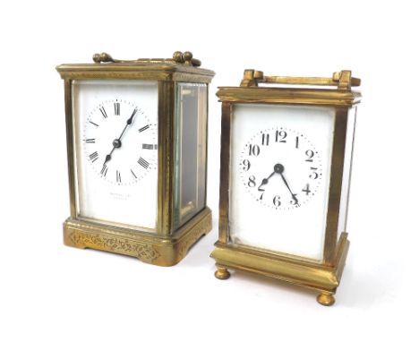 Large carriage clock timepiece stamped with the Drocourt trademark logo on the back plate,  the dial signed John Hall &amp; C