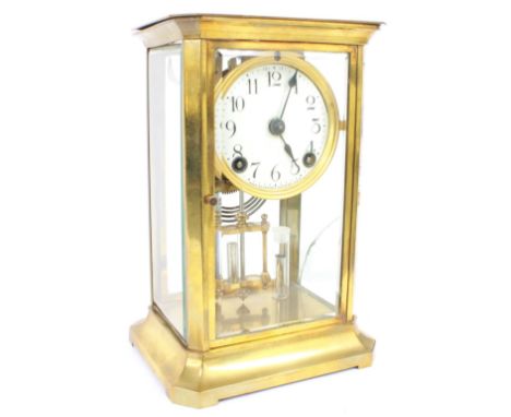 Ansonia brass four glass two train mantel clock striking on a gong, the 3" white dial within a stepped bevelled glazed case, 