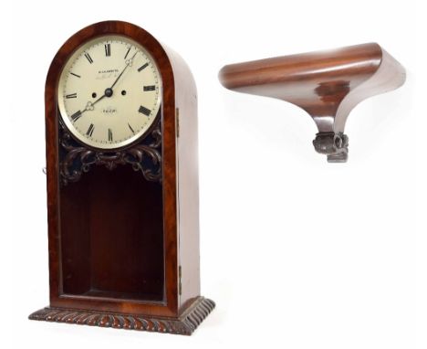 Fine English mahogany double fusee library clock and wall bracket, the 7.5" silvered dial signed W. Chambers, 18 Powell Stree