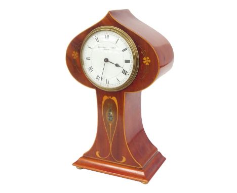 Small attractive Art Nouveau mahogany inlaid mantel clock timepiece with platform escapement, the 3.5" white dial signed Mano