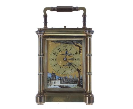 Good porcelain panelled repeater carriage clock striking on a gong, the movement back plate stamped Patent Surety Poller, no.