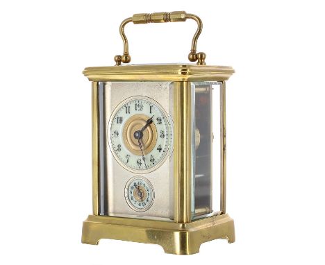 Carriage clock timepiece with alarm, the movement back plate stamped no. 264, striking on a bell recessed to the base, the ch