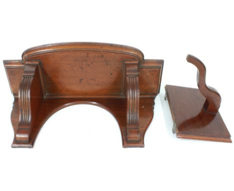 Good mahogany clock bracket, the breakfront moulded stepped top over shaped fluted supports, 21.5" wide; also a smaller mahog